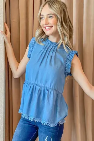 Chambray Ruffle Sleeveless Top For Women – Casual Elegant Denim-Look Blouse with Soft Feminine Detail for Any Occasion