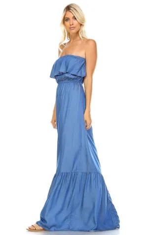 Chambray Ruffled Overlay Tube Maxi Dress Light Blue Indigo