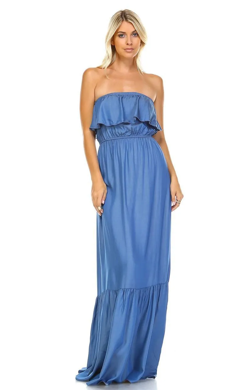 Chambray Ruffled Overlay Tube Maxi Dress Light Blue Indigo