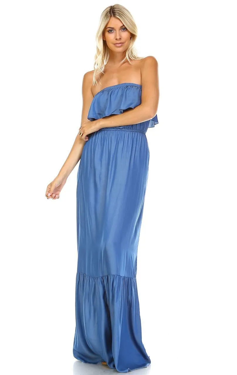 Chambray Ruffled Overlay Tube Maxi Dress Light Blue Indigo