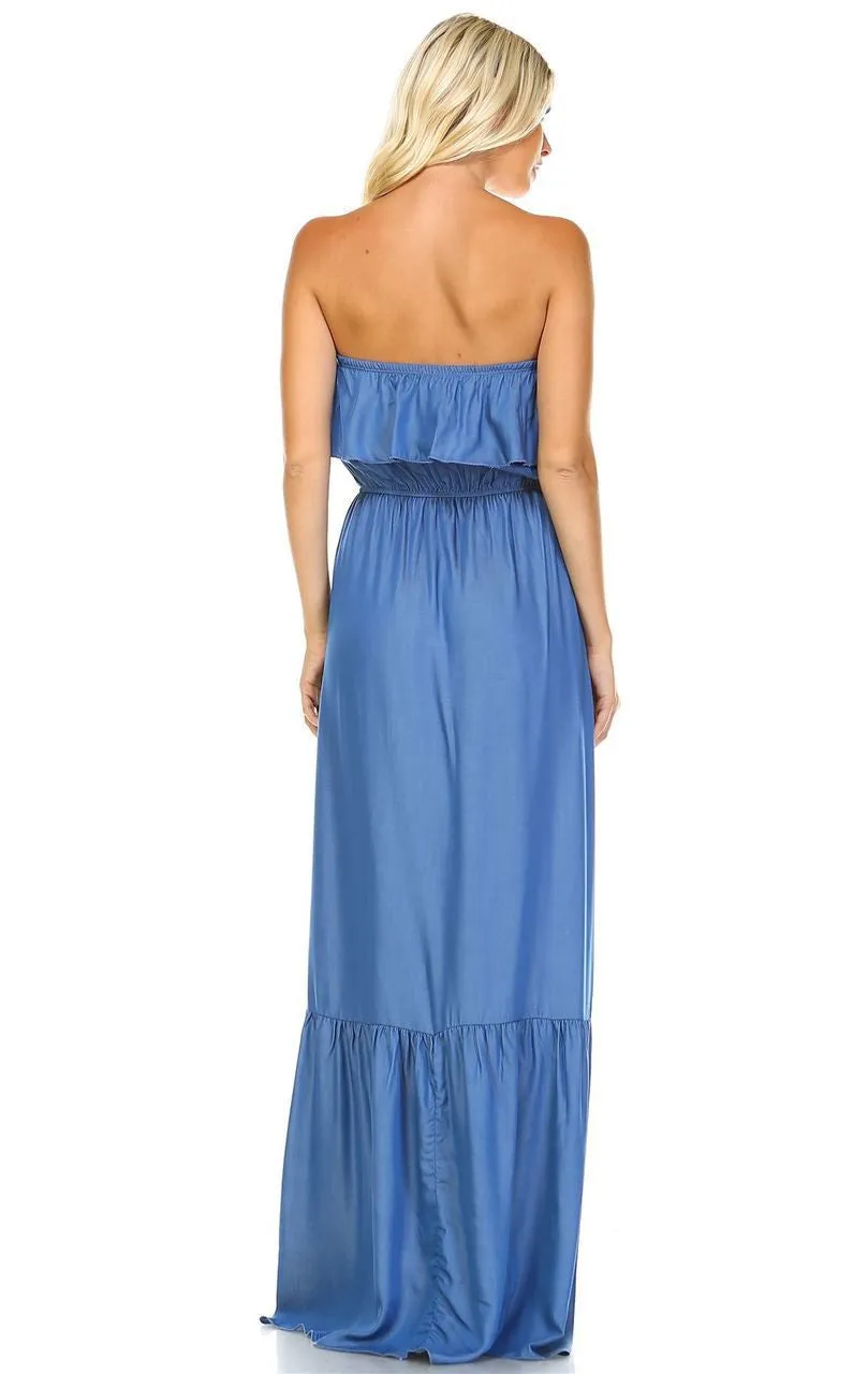 Chambray Ruffled Overlay Tube Maxi Dress Light Blue Indigo
