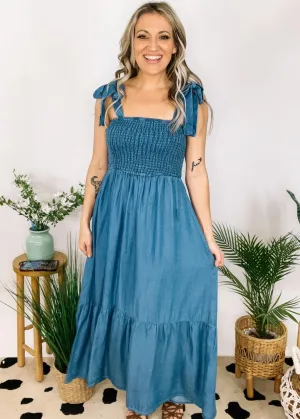 Chambray Smocked Midi Dress with Tie Straps