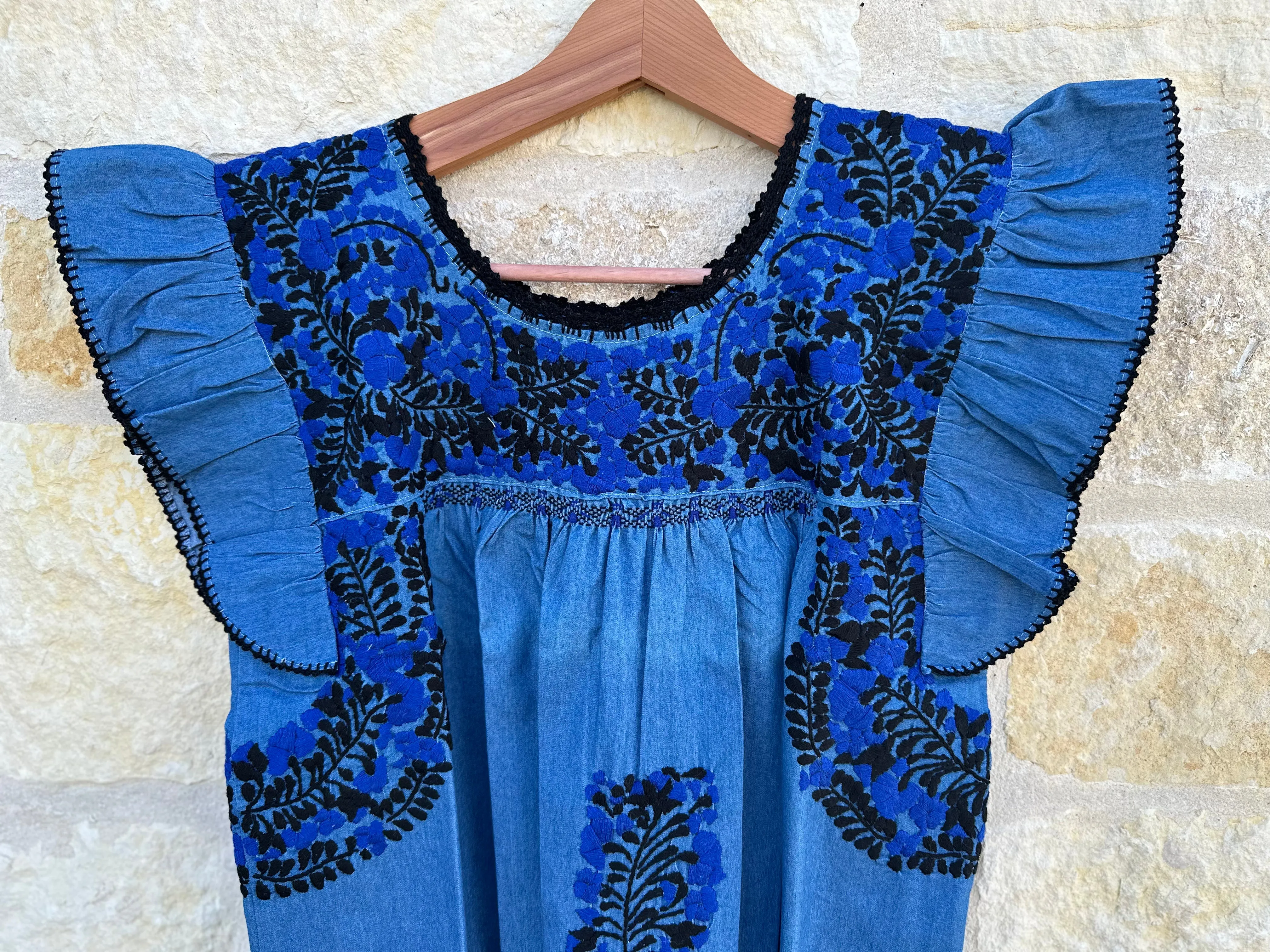 Chambray with Black and Blue Embroidery Embroidery Flutter Sleeve Felicia Dress - M