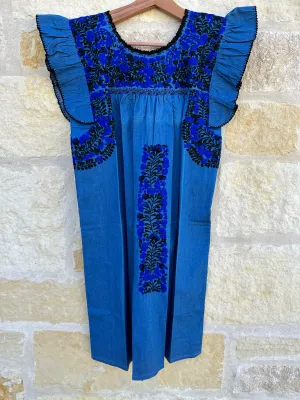 Chambray with Black and Blue Embroidery Embroidery Flutter Sleeve Felicia Dress - M