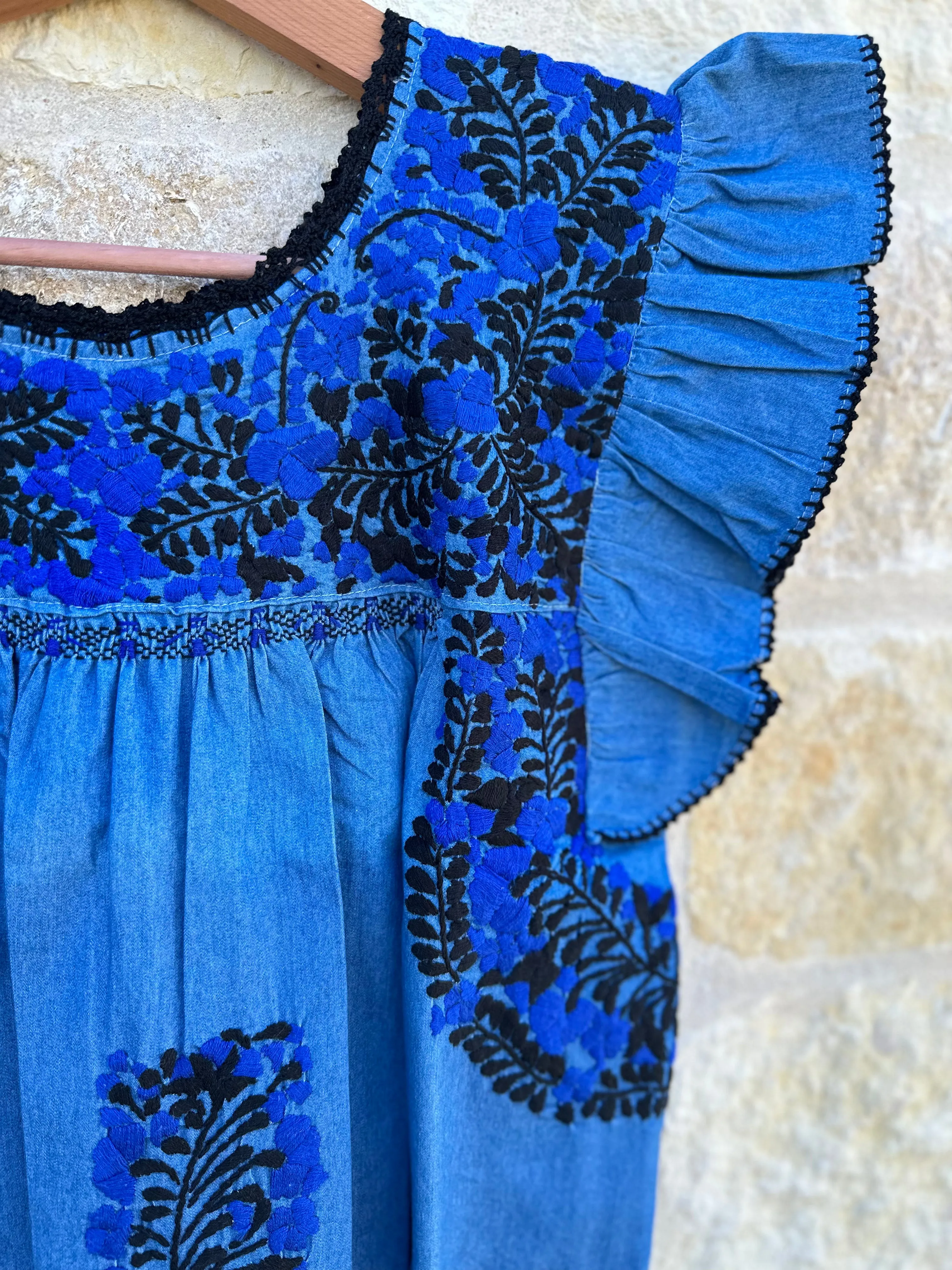 Chambray with Black and Blue Embroidery Embroidery Flutter Sleeve Felicia Dress - M
