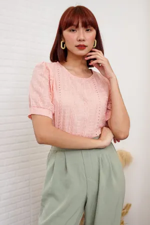 CHARLEE Puff-Sleeve Eyelet Top (Peach)