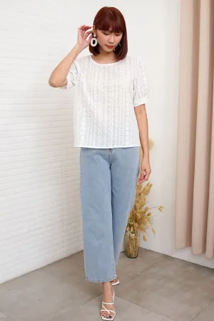 CHARLEE Puff-Sleeve Eyelet Top (White)
