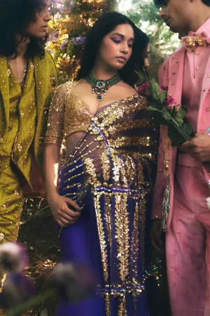 CHARLOTTE - BLUE & GOLD SAREE SET
