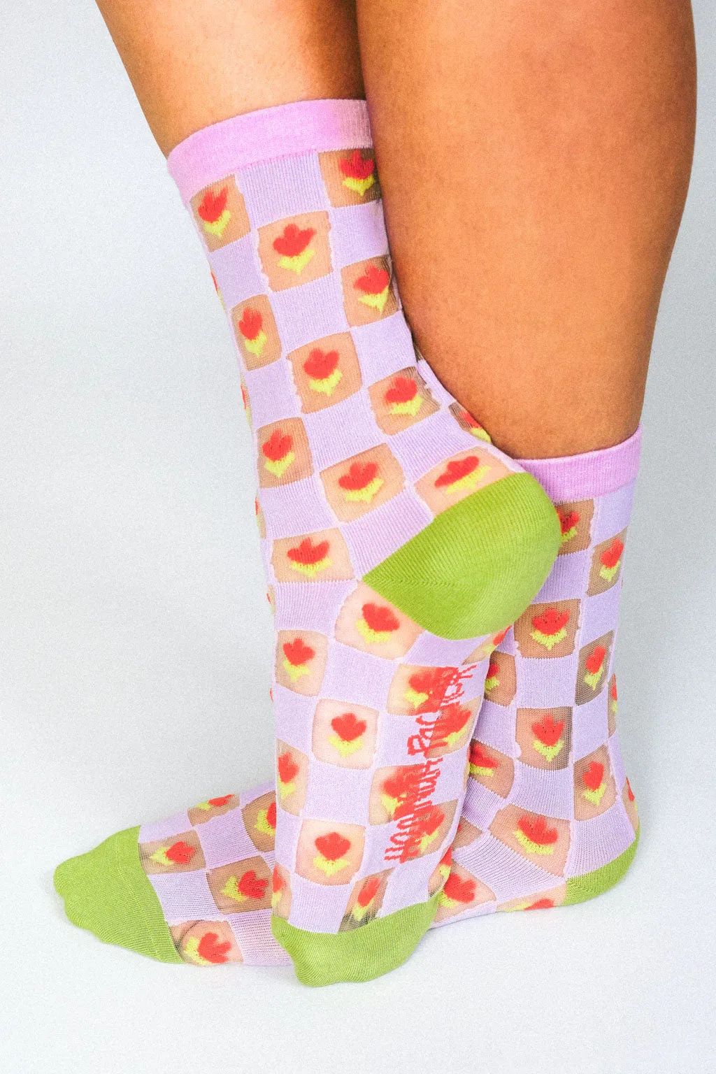 Checkered Tulips Sheer Ankle Sock by Hannah Packer