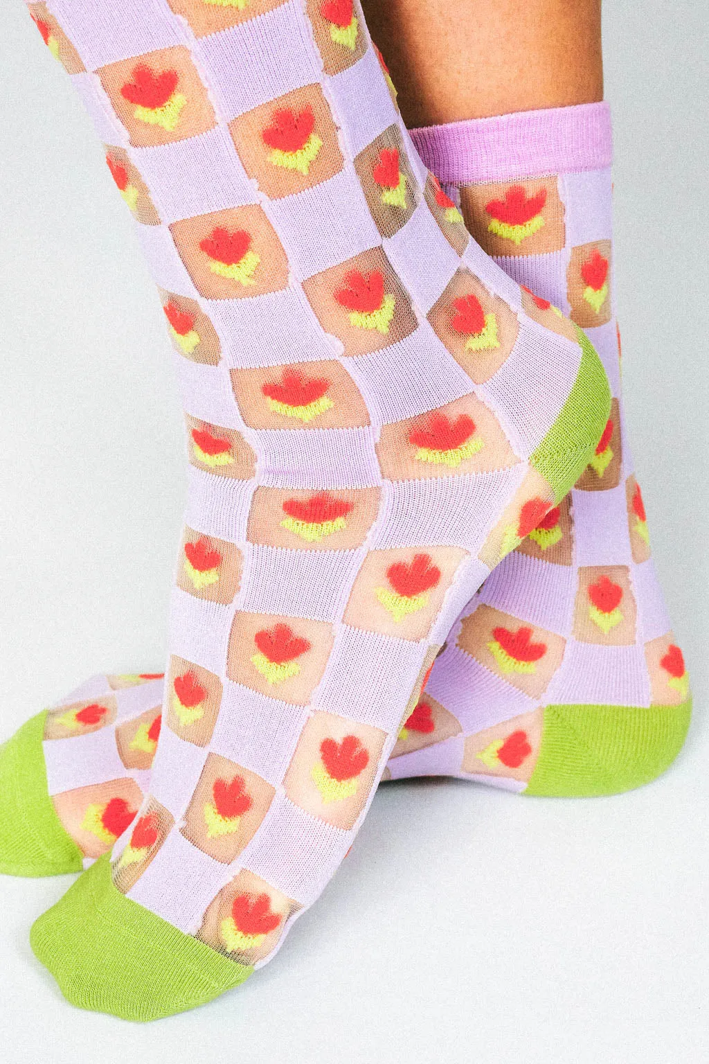 Checkered Tulips Sheer Ankle Sock by Hannah Packer