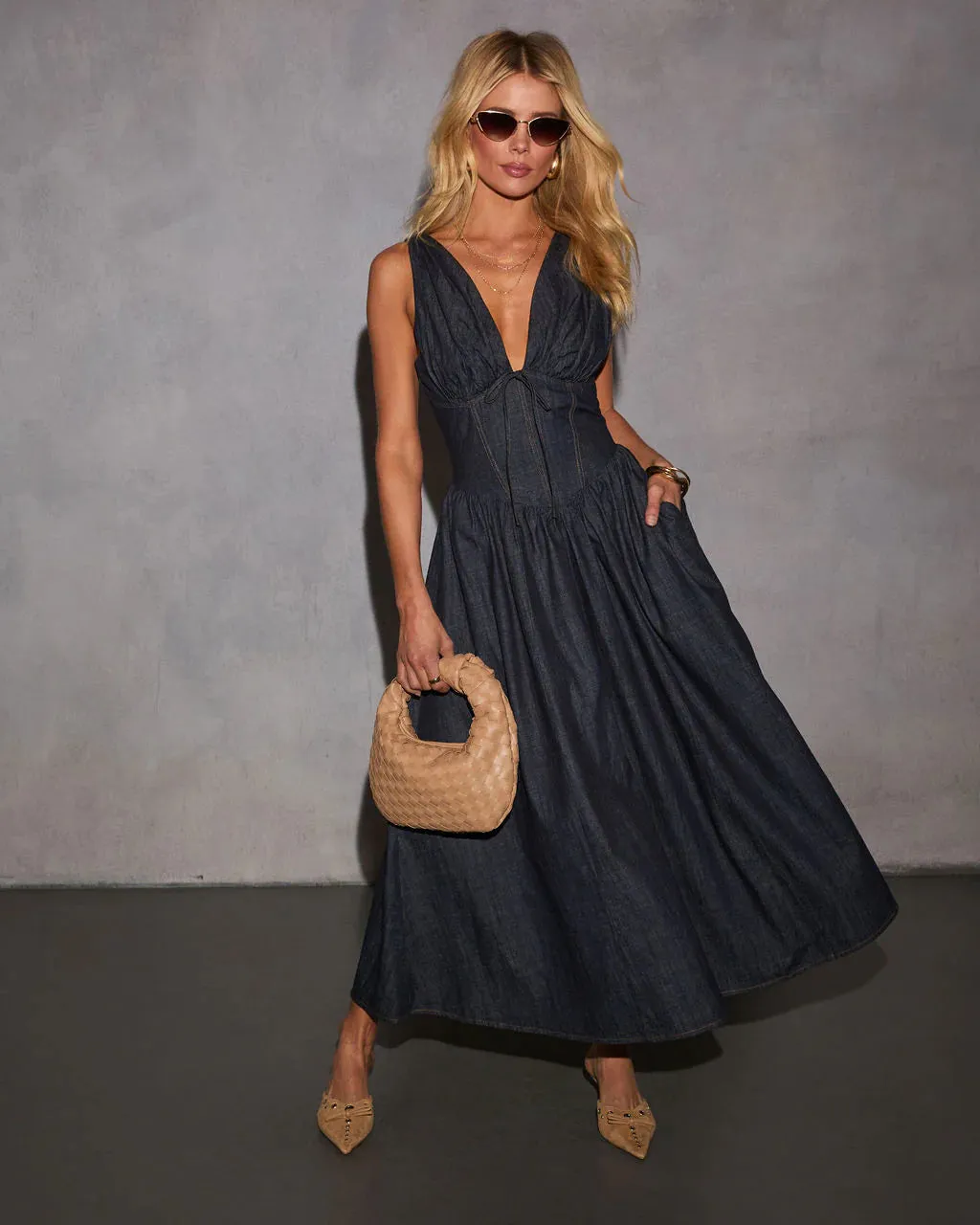 Cherri Fit And Flare Denim Midi Dress