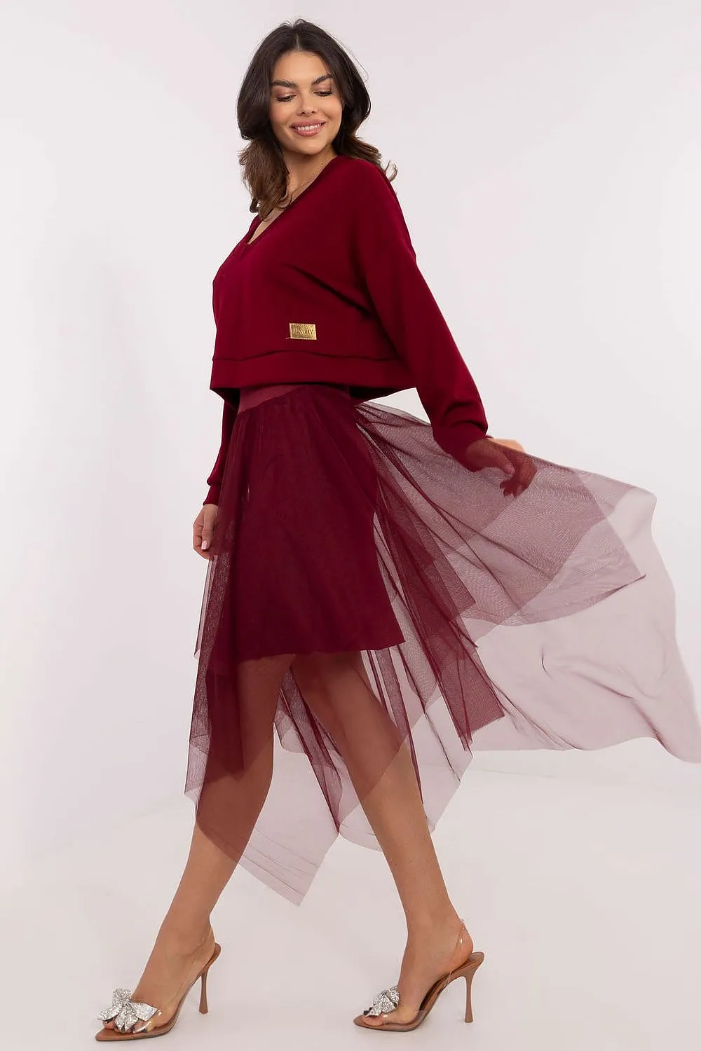 Chic Harmony: Tulle Midi Dress & V-Neck Blouse Set