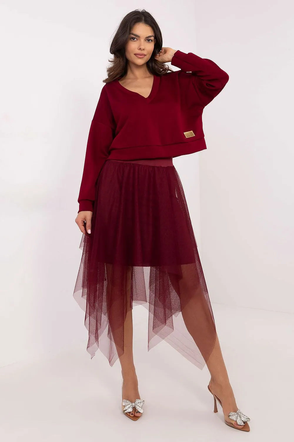 Chic Harmony: Tulle Midi Dress & V-Neck Blouse Set