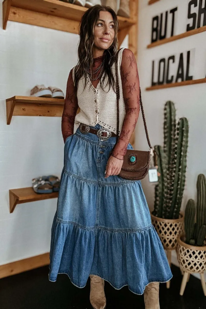Chouyatou Women's High Waist Long Denim Skirt Button-Fly Tiered Ruffle Swing A-Line Jean Maxi Skirt with Pockets
