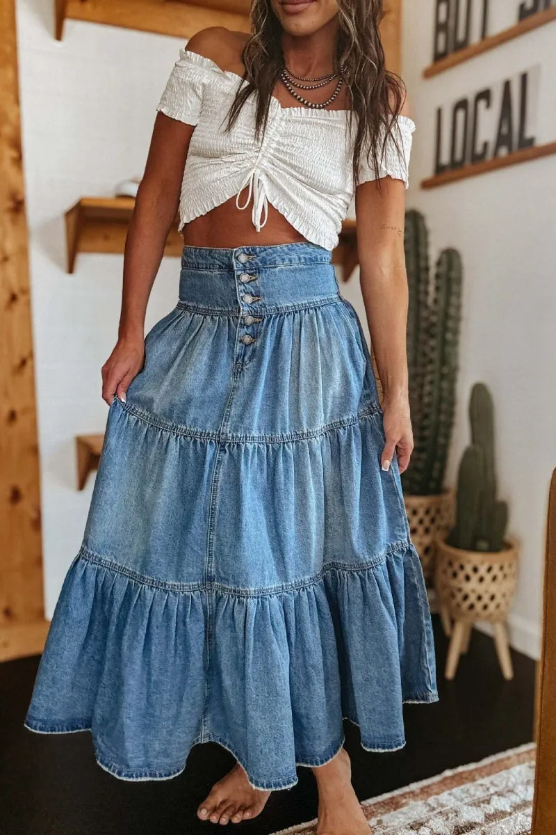 Chouyatou Women's High Waist Long Denim Skirt Button-Fly Tiered Ruffle Swing A-Line Jean Maxi Skirt with Pockets