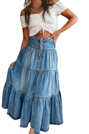 Chouyatou Women's High Waist Long Denim Skirt Button-Fly Tiered Ruffle Swing A-Line Jean Maxi Skirt with Pockets