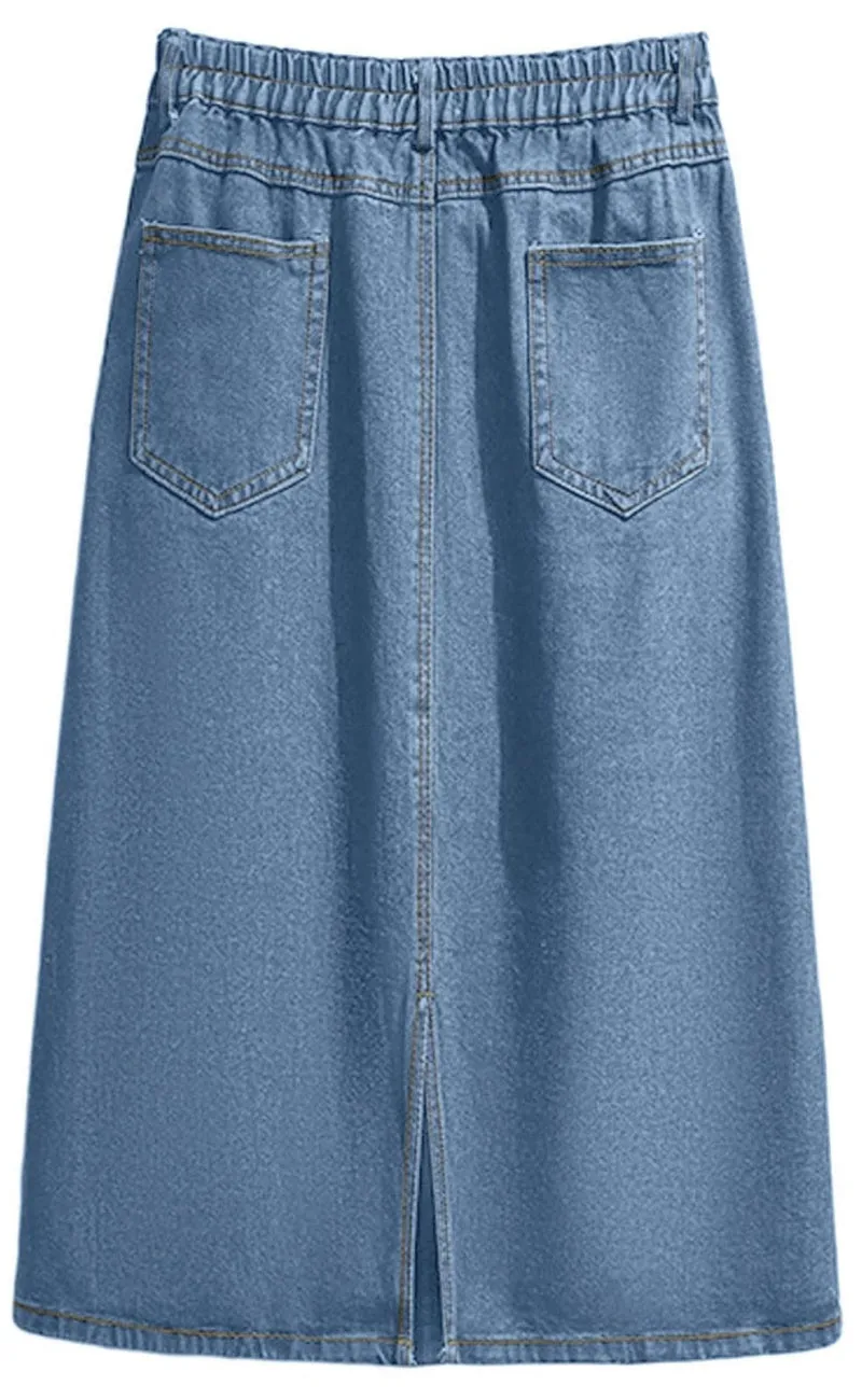 Chouyatou Women's Summer Casual Elastic Waist Pockets Work Midi Denim A Line Skirt