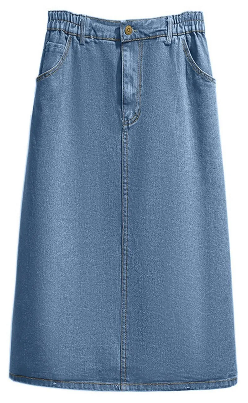 Chouyatou Women's Summer Casual Elastic Waist Pockets Work Midi Denim A Line Skirt