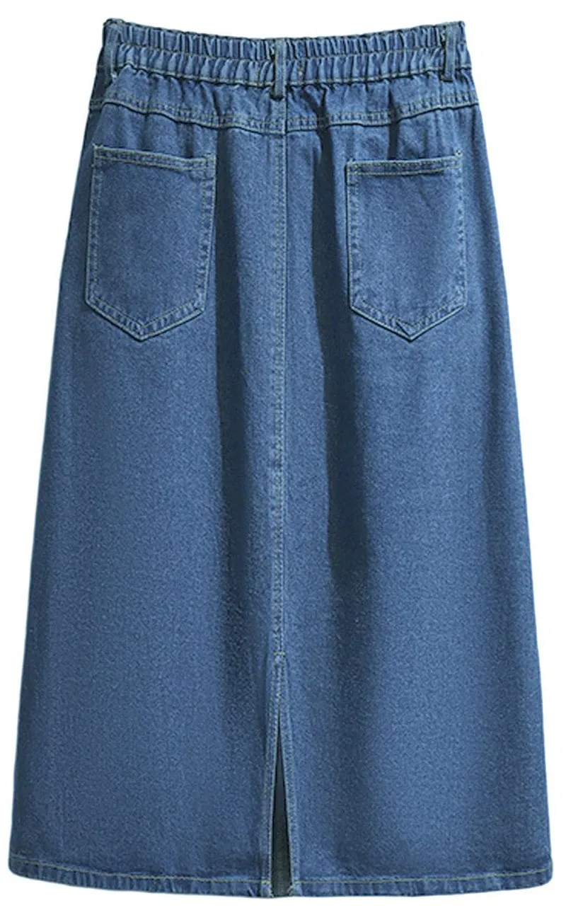 Chouyatou Women's Summer Casual Elastic Waist Pockets Work Midi Denim A Line Skirt