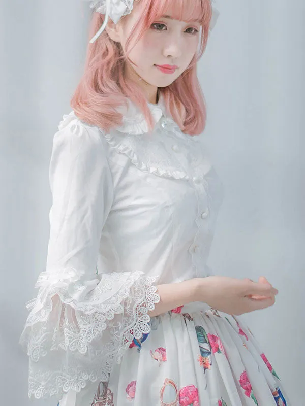 Classic Lolita Shirt Lace Ruffle Bow Cotton White Lolita Blouse
