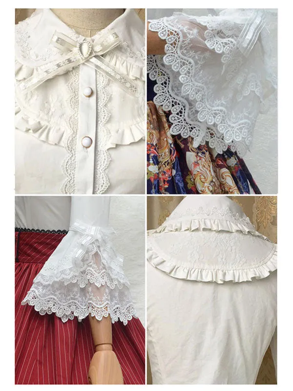 Classic Lolita Shirt Lace Ruffle Bow Cotton White Lolita Blouse