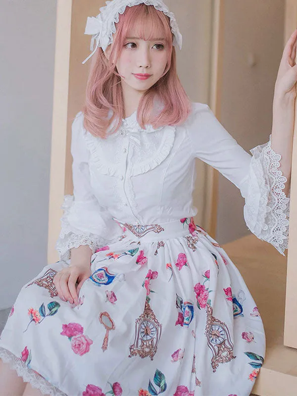 Classic Lolita Shirt Lace Ruffle Bow Cotton White Lolita Blouse