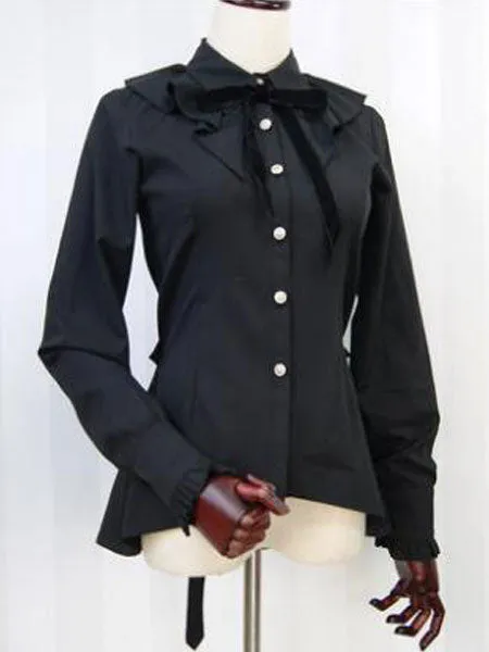 Classic Lolita Shirt Ruffle Bow Irregular Design Black Cotton Lolita Blouse
