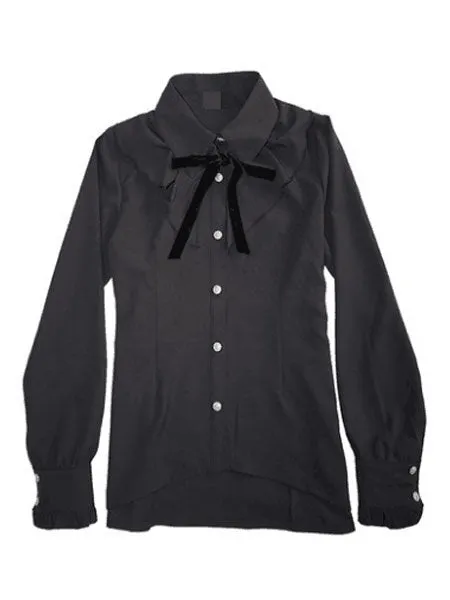 Classic Lolita Shirt Ruffle Bow Irregular Design Black Cotton Lolita Blouse