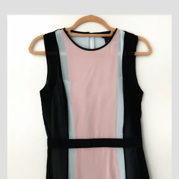 Club Monaco Nailuh Dress Silk Sleeveless Midi Length Black Colorblock Pink Blue
