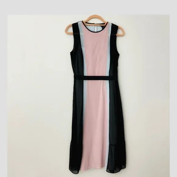Club Monaco Nailuh Dress Silk Sleeveless Midi Length Black Colorblock Pink Blue