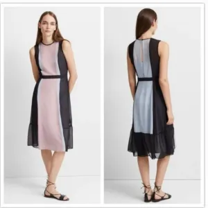 Club Monaco Nailuh Dress Silk Sleeveless Midi Length Black Colorblock Pink Blue