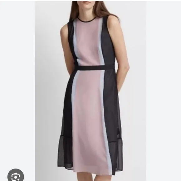 Club Monaco Nailuh Dress Silk Sleeveless Midi Length Black Colorblock Pink Blue