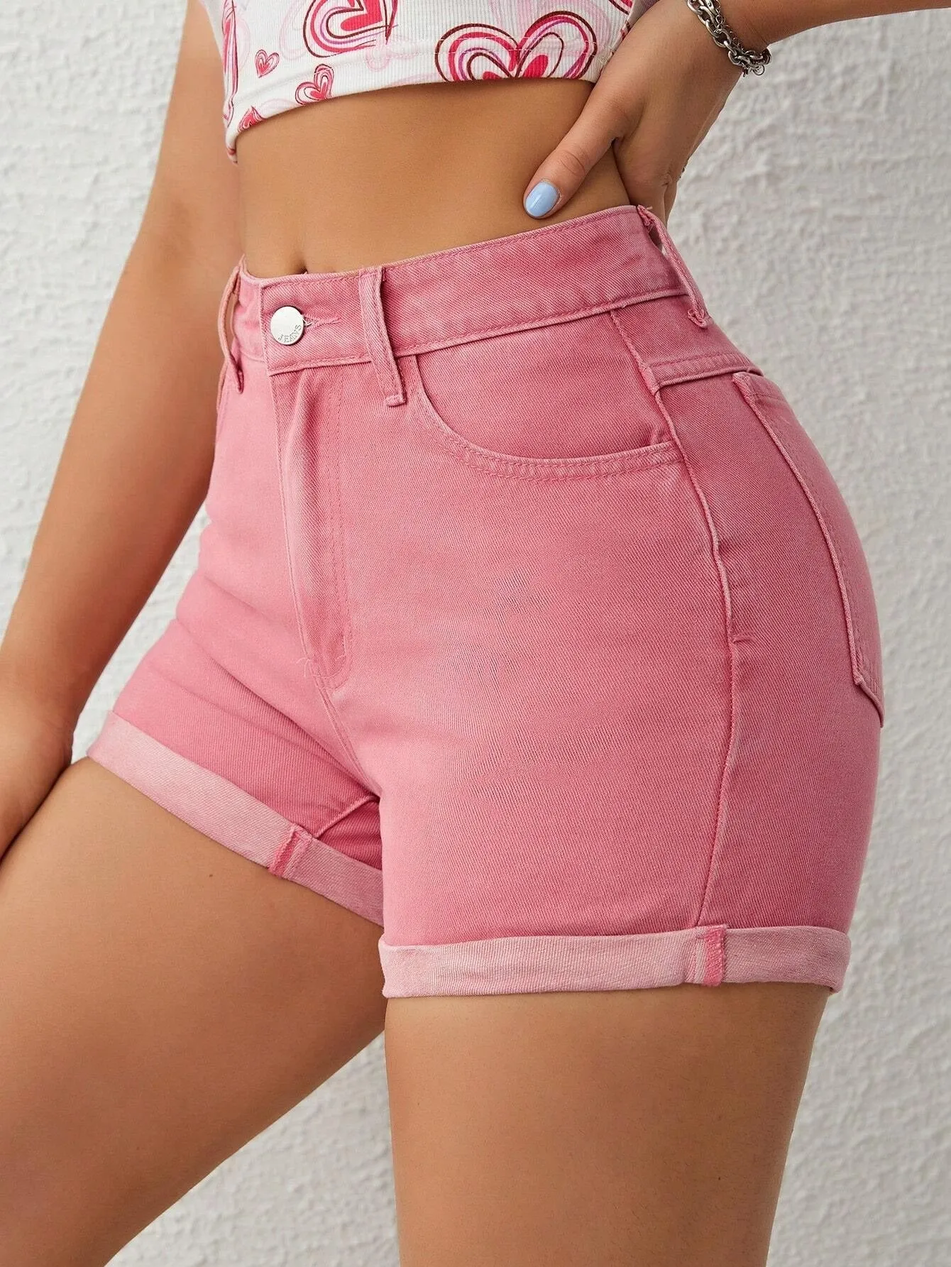 CM-BS058734 Women Casual Seoul Style Roll Up Hem Denim Shorts - Rose Red