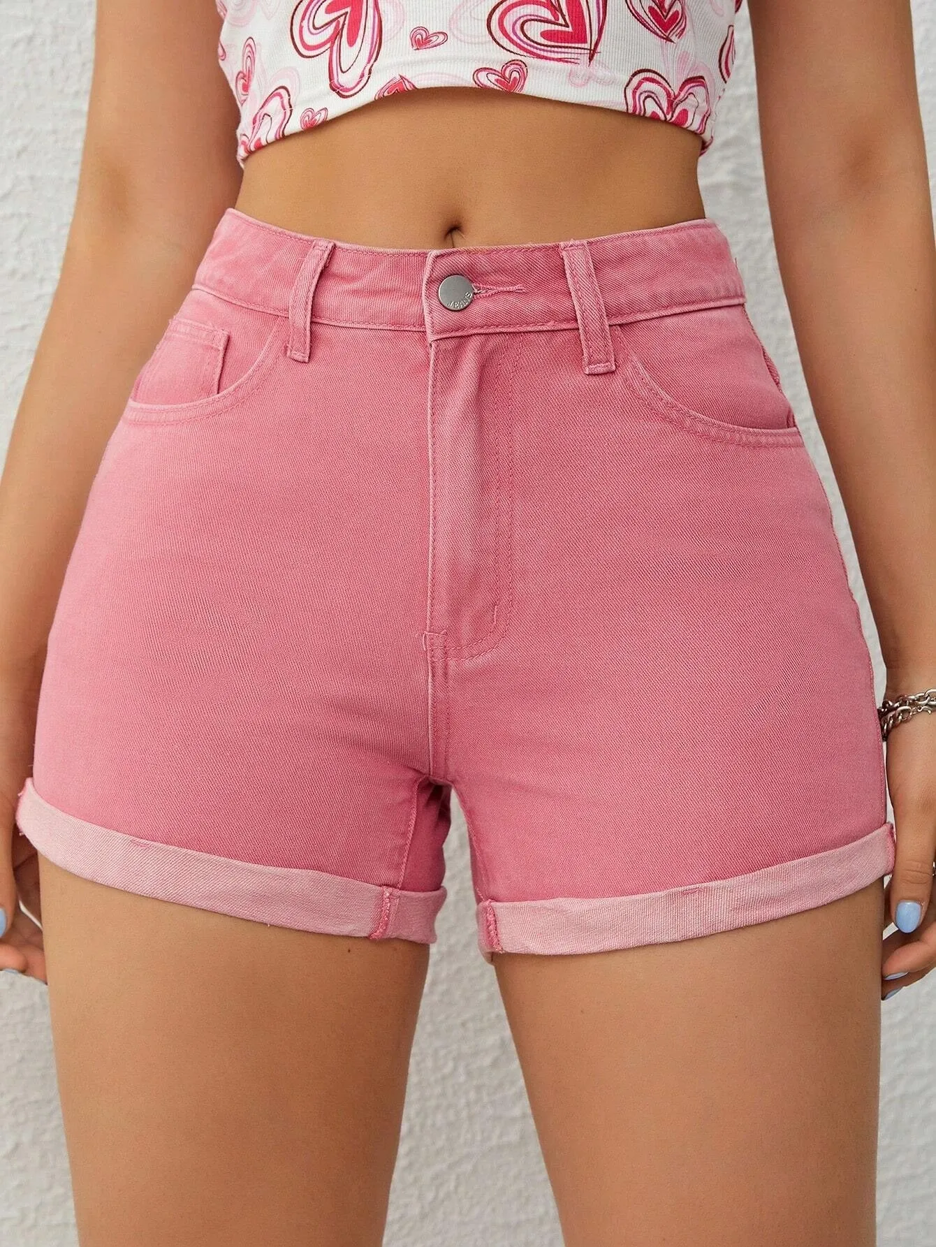 CM-BS058734 Women Casual Seoul Style Roll Up Hem Denim Shorts - Rose Red