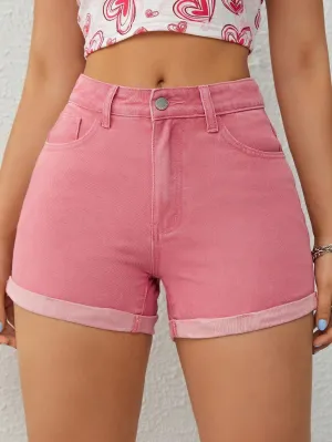CM-BS058734 Women Casual Seoul Style Roll Up Hem Denim Shorts - Rose Red