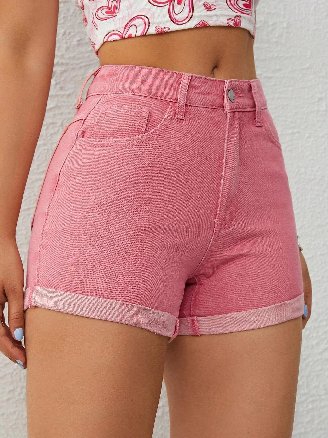 CM-BS058734 Women Casual Seoul Style Roll Up Hem Denim Shorts - Rose Red