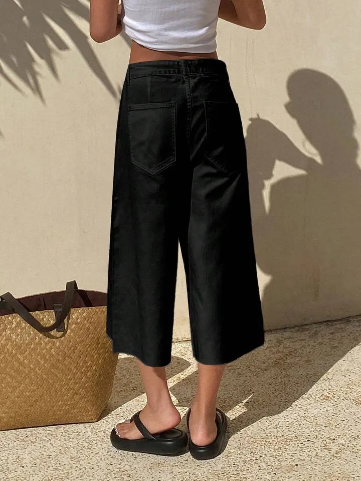 CM-BS118662 Women Casual Seoul Style Loose Fit Mid-Length Jeans With Pockets - Black
