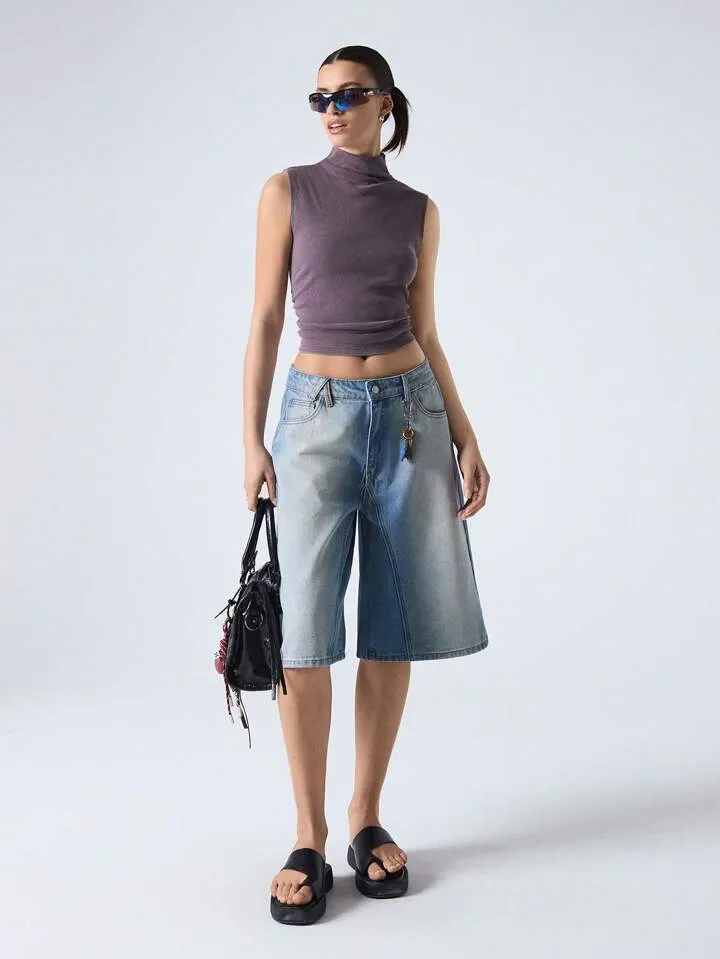 CM-BS151711 Women Casual Seoul Style Light Wash Loose Mid Rise Wide Leg Denim Shorts