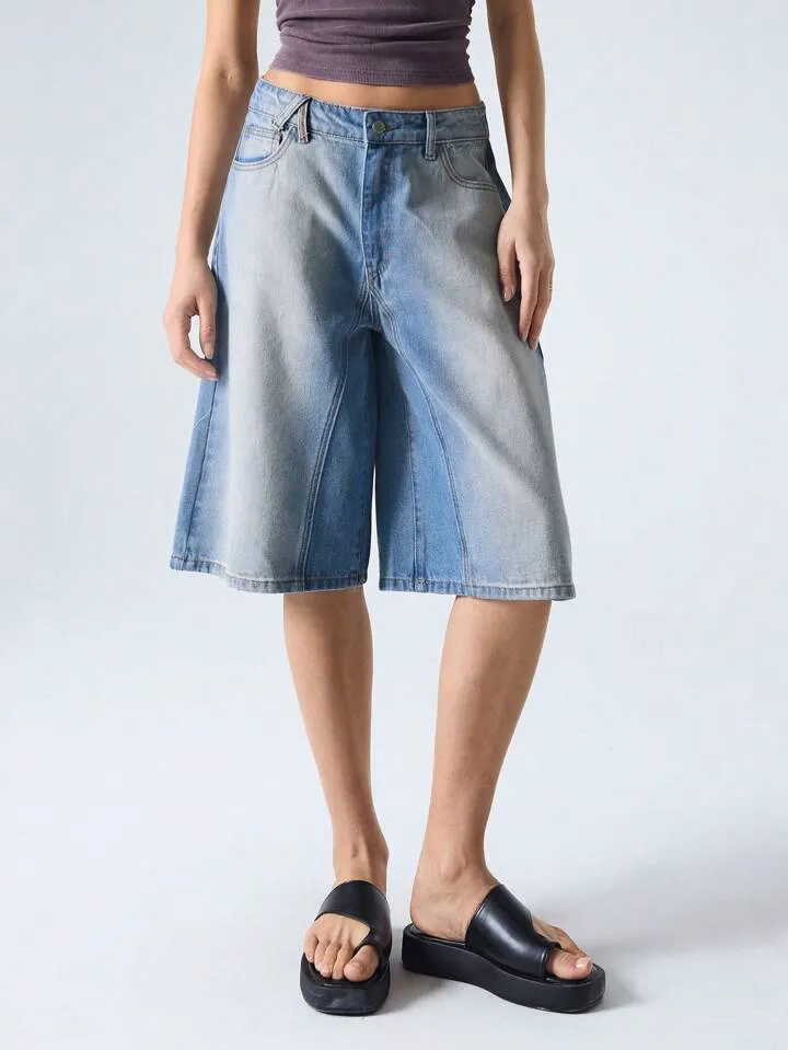 CM-BS151711 Women Casual Seoul Style Light Wash Loose Mid Rise Wide Leg Denim Shorts
