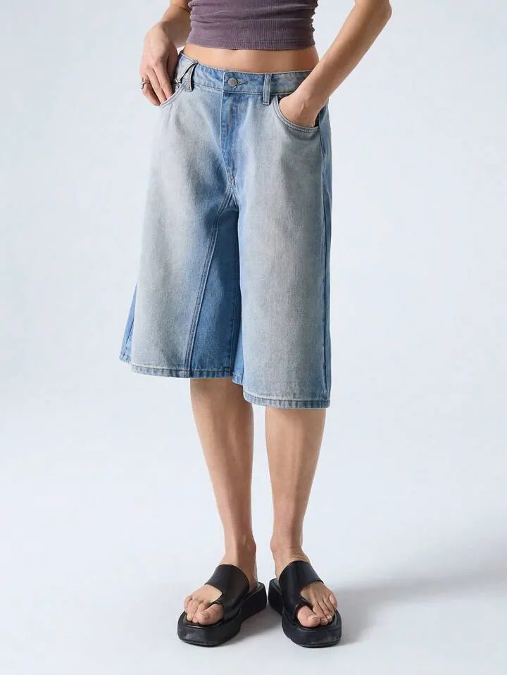 CM-BS151711 Women Casual Seoul Style Light Wash Loose Mid Rise Wide Leg Denim Shorts