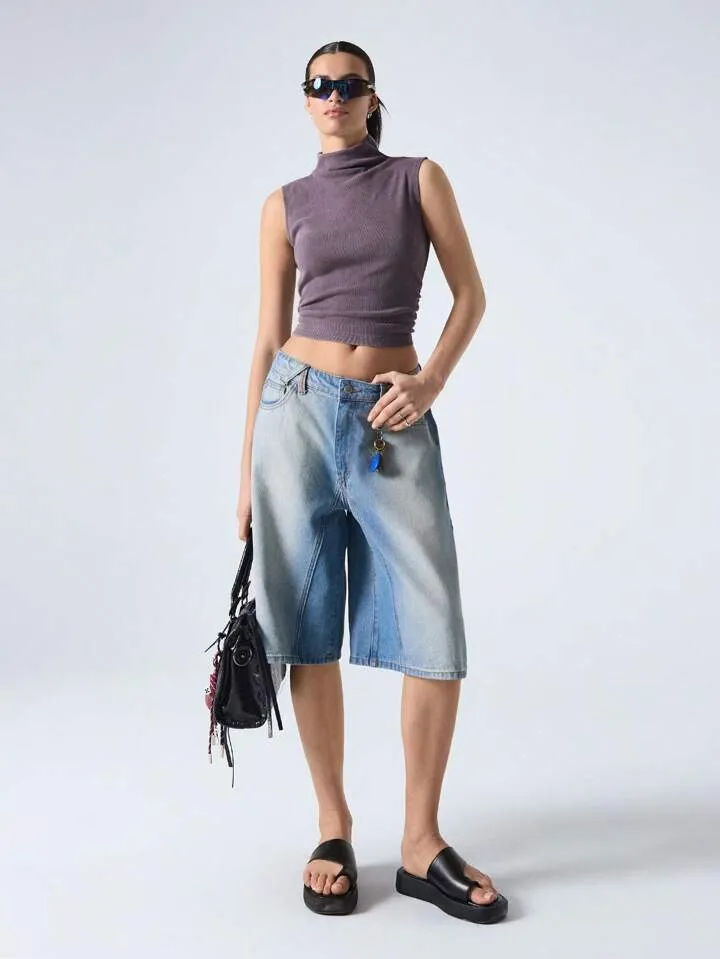 CM-BS151711 Women Casual Seoul Style Light Wash Loose Mid Rise Wide Leg Denim Shorts