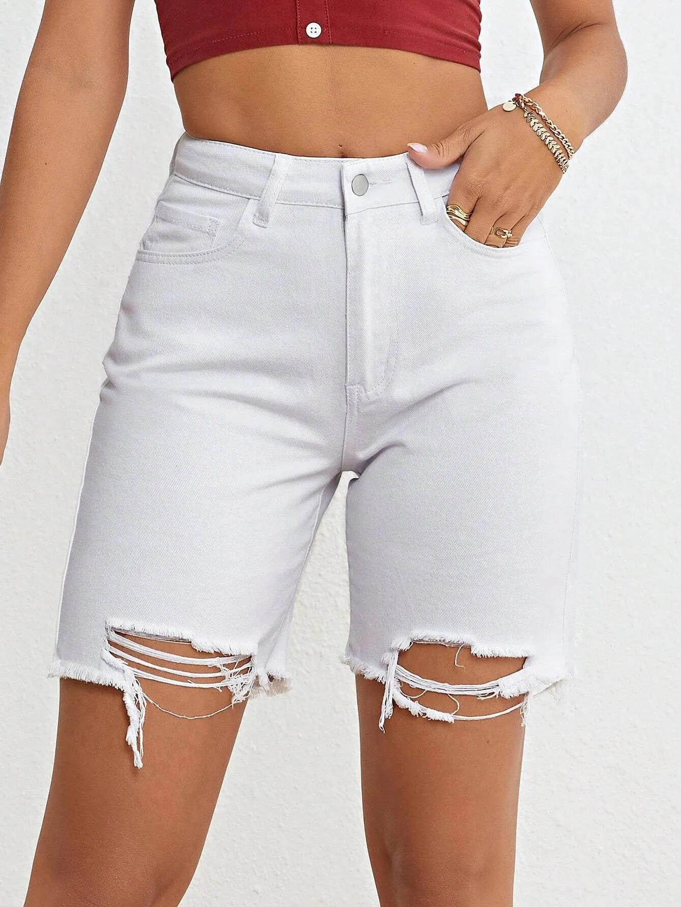 CM-BS311199 Women Casual Seoul Style Ripped Raw Hem Denim Shorts - White