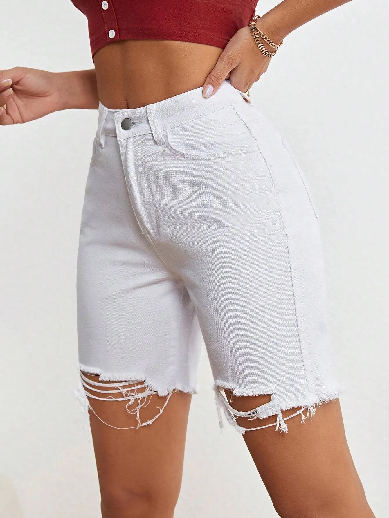 CM-BS311199 Women Casual Seoul Style Ripped Raw Hem Denim Shorts - White
