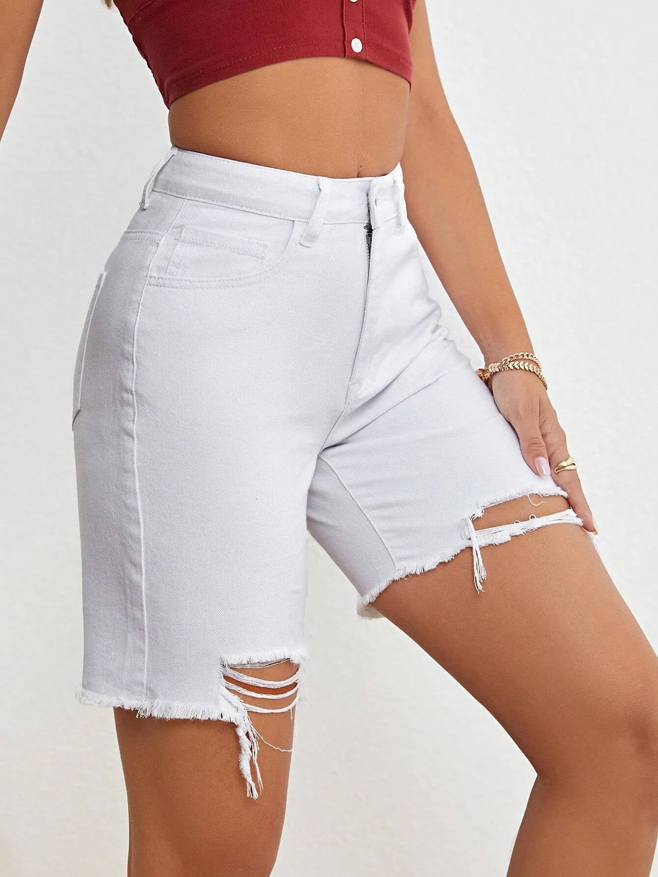 CM-BS311199 Women Casual Seoul Style Ripped Raw Hem Denim Shorts - White