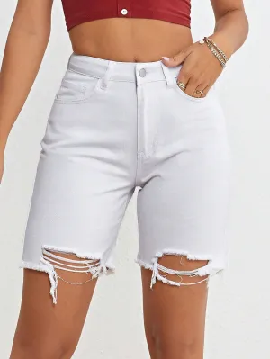 CM-BS311199 Women Casual Seoul Style Ripped Raw Hem Denim Shorts - White