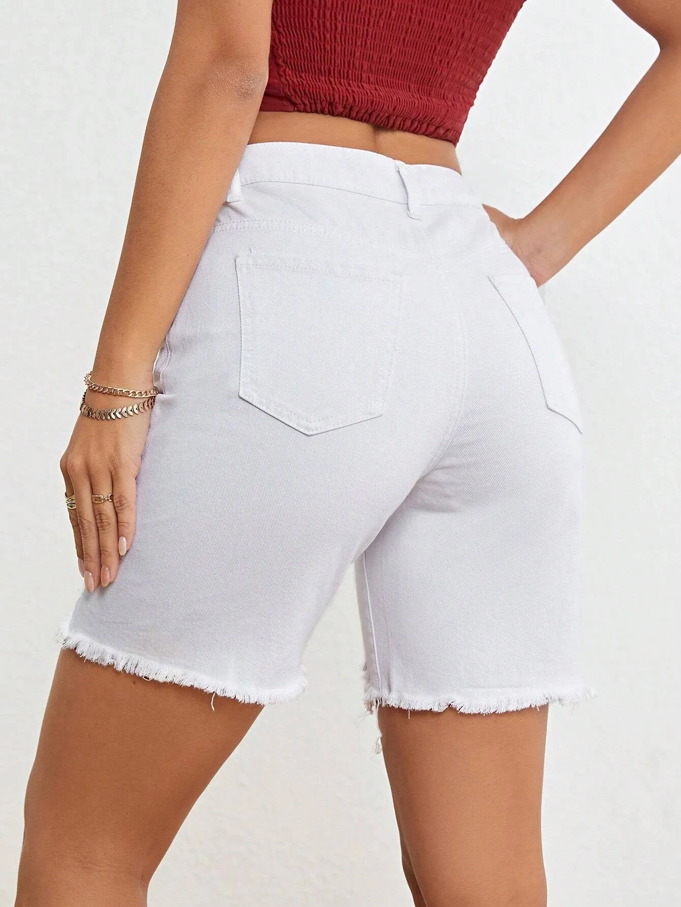 CM-BS311199 Women Casual Seoul Style Ripped Raw Hem Denim Shorts - White