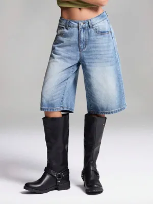 CM-BS523867 Women Casual Seoul Style Washed Drop Waist Denim Shorts - Blue
