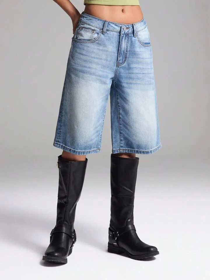 CM-BS523867 Women Casual Seoul Style Washed Drop Waist Denim Shorts - Blue