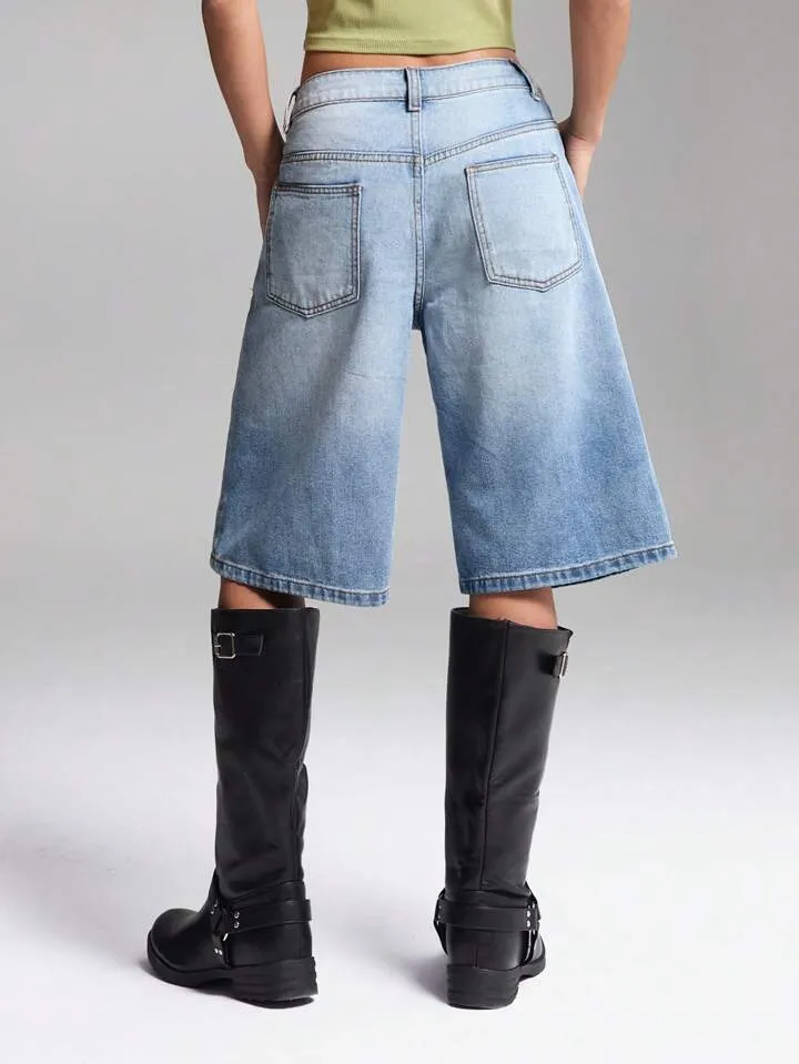 CM-BS523867 Women Casual Seoul Style Washed Drop Waist Denim Shorts - Blue
