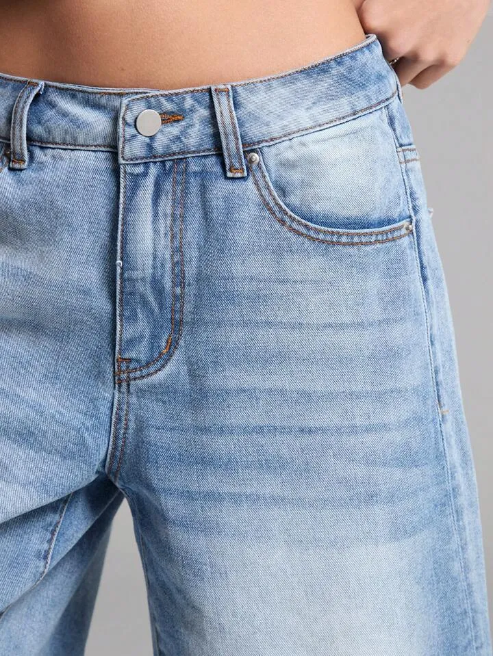CM-BS523867 Women Casual Seoul Style Washed Drop Waist Denim Shorts - Blue